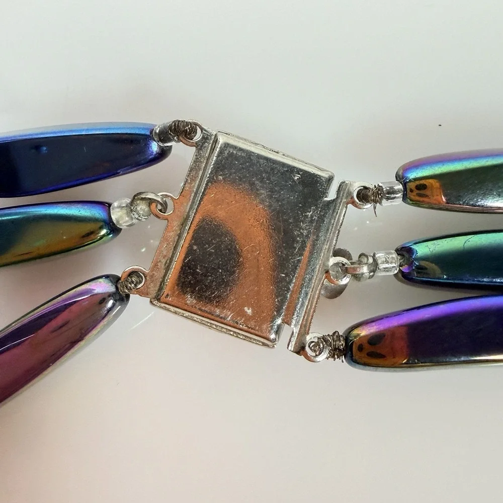 Vintage Triple Strand Necklace Oil Slick Glass & Lavender Lucite Beads 19